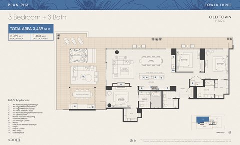 Floor plan for 3 beds, 3 baths, 2039 sqft